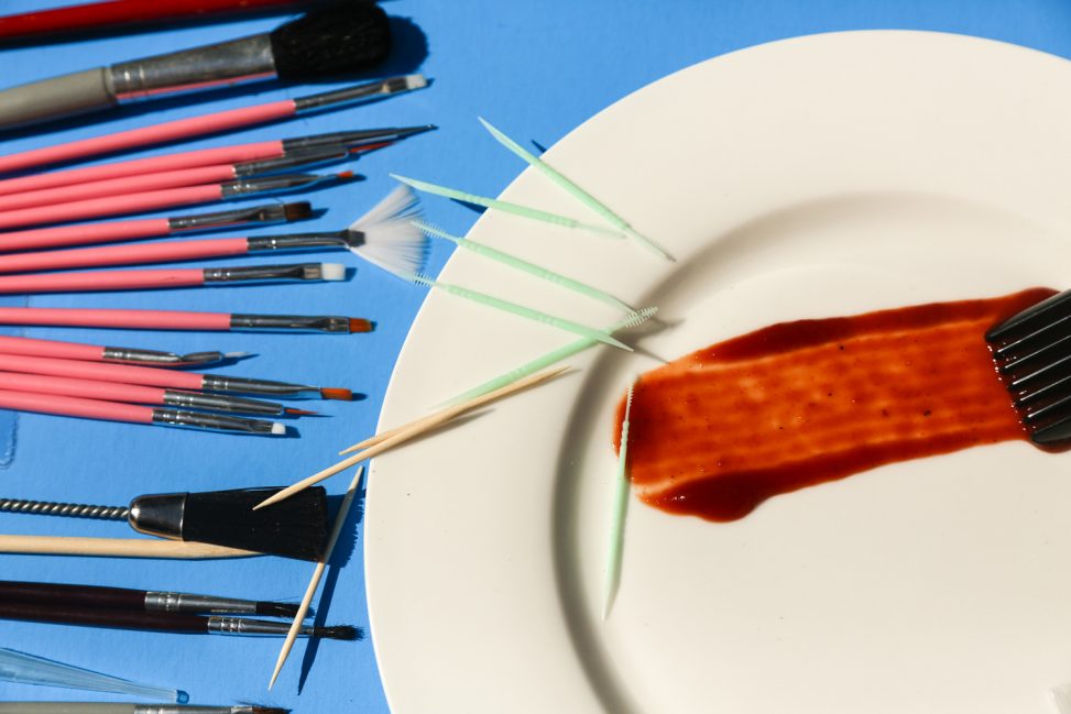 Brushes and toothpicks used by a professional food stylist